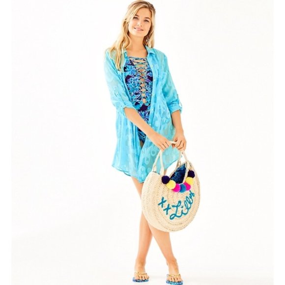 Lilly Pulitzer Positano Straw Tote In Too Deep - Picture 5 of 11